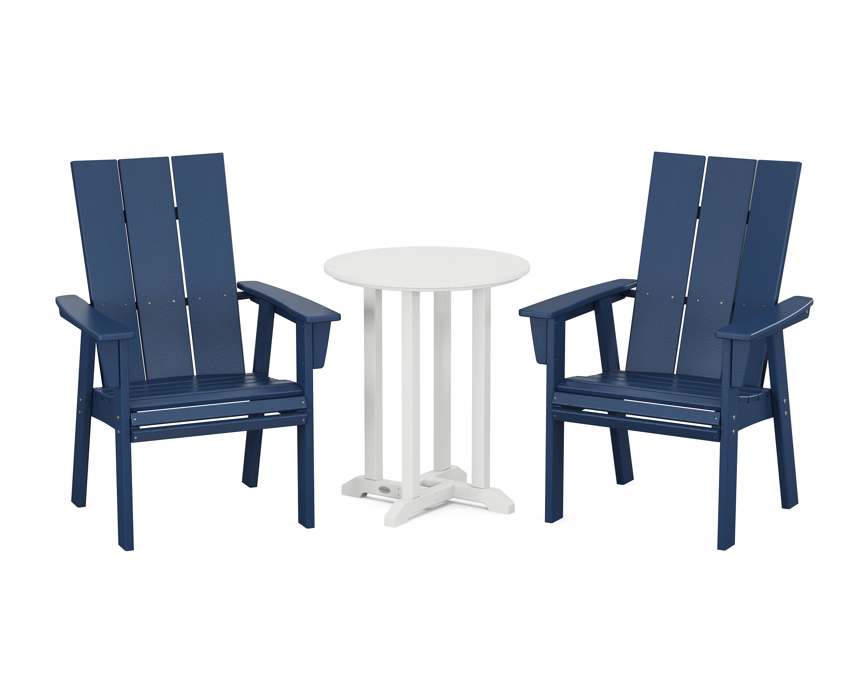 POLYWOOD® Modern Curveback Adirondack 3-Piece Round Bistro Dining Set in Navy / White