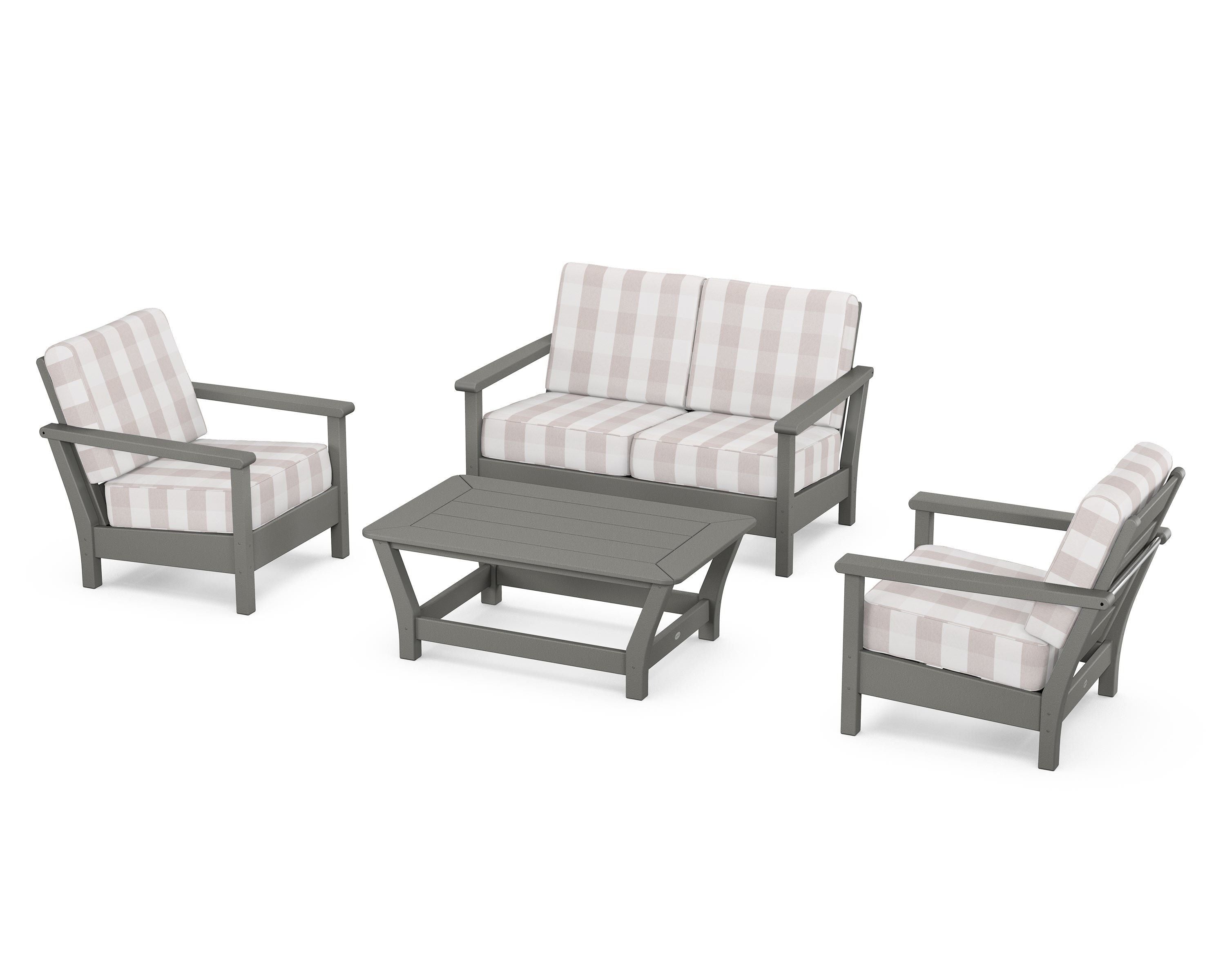 POLYWOOD® Harbour 4-Piece Deep Seating Set in Slate Grey / Buffalo Plaid Dune Burlap