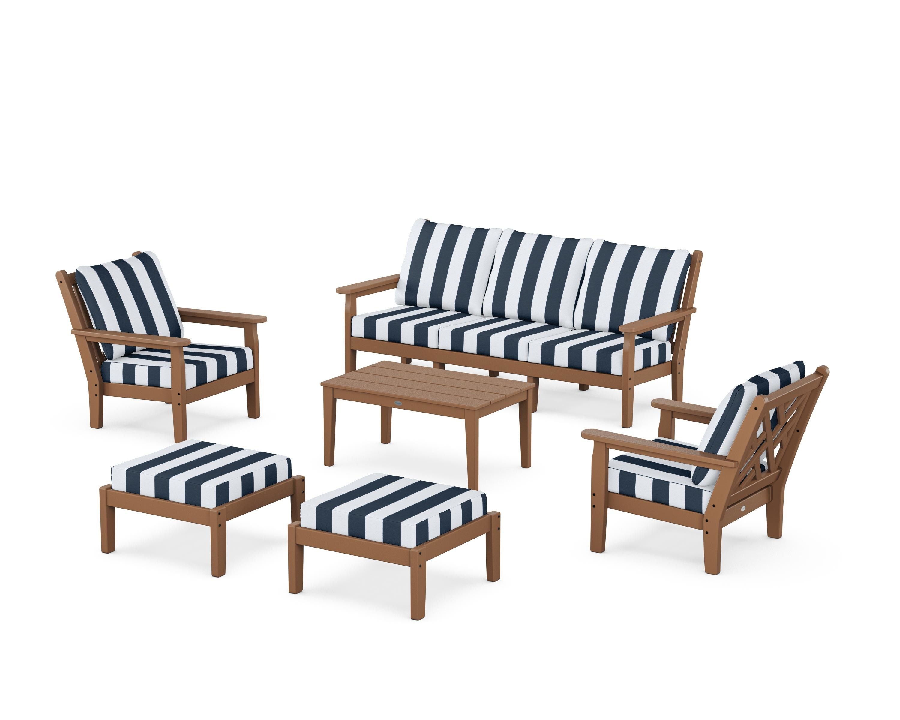 POLYWOOD® Chippendale 6-Piece Lounge Sofa Set in Teak / Cabana Stripe Marine Indigo