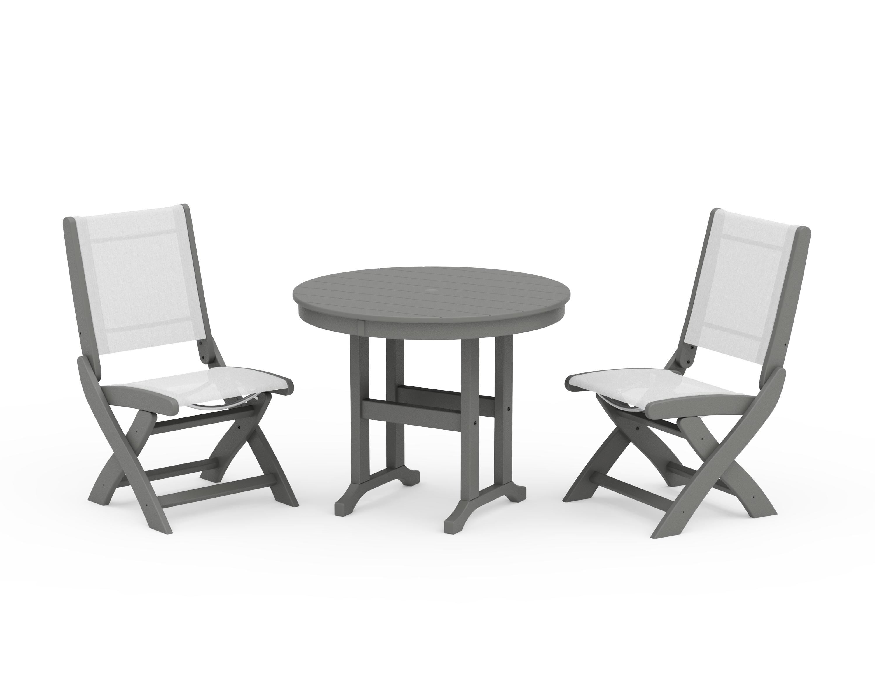 POLYWOOD® Coastal Folding Side Chair 3-Piece Round Dining Set in Slate Grey / White Sling