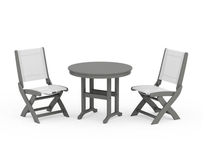 POLYWOOD® Coastal Folding Side Chair 3-Piece Round Dining Set in Slate Grey / White Sling