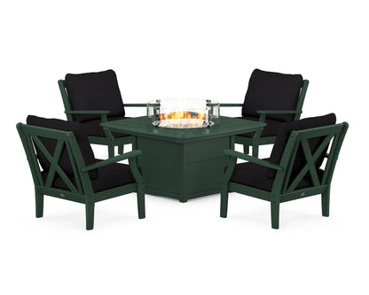POLYWOOD® Braxton 5-Piece Deep Seating Conversation Set with Fire Pit Table in Green / Midnight Linen