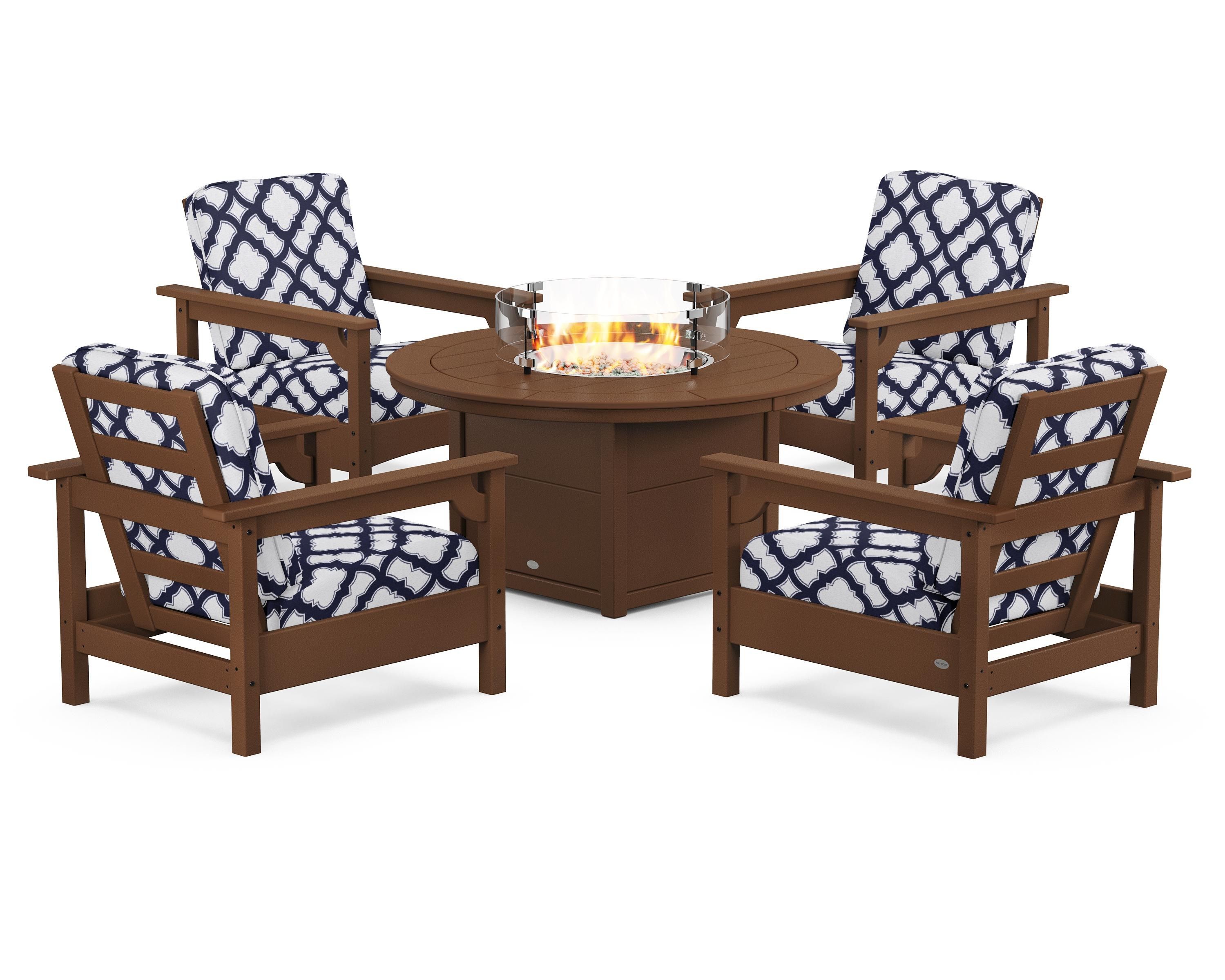 POLYWOOD® Club 5-Piece Conversation Set with Fire Pit Table in Teak / Trellis Navy