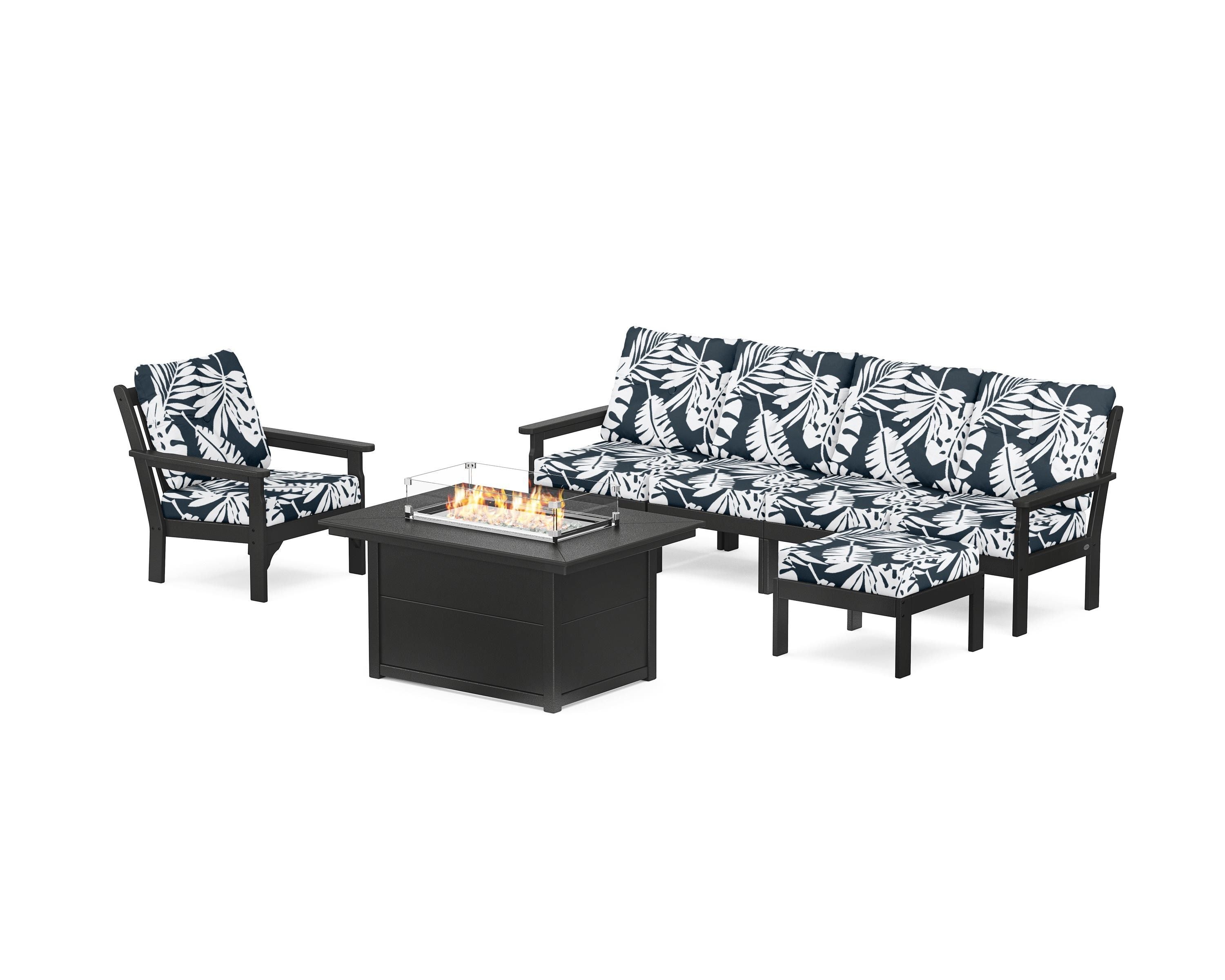 POLYWOOD® Vineyard Sectional Lounge and Fire Pit Set in Black / Leaf Marine Indigo