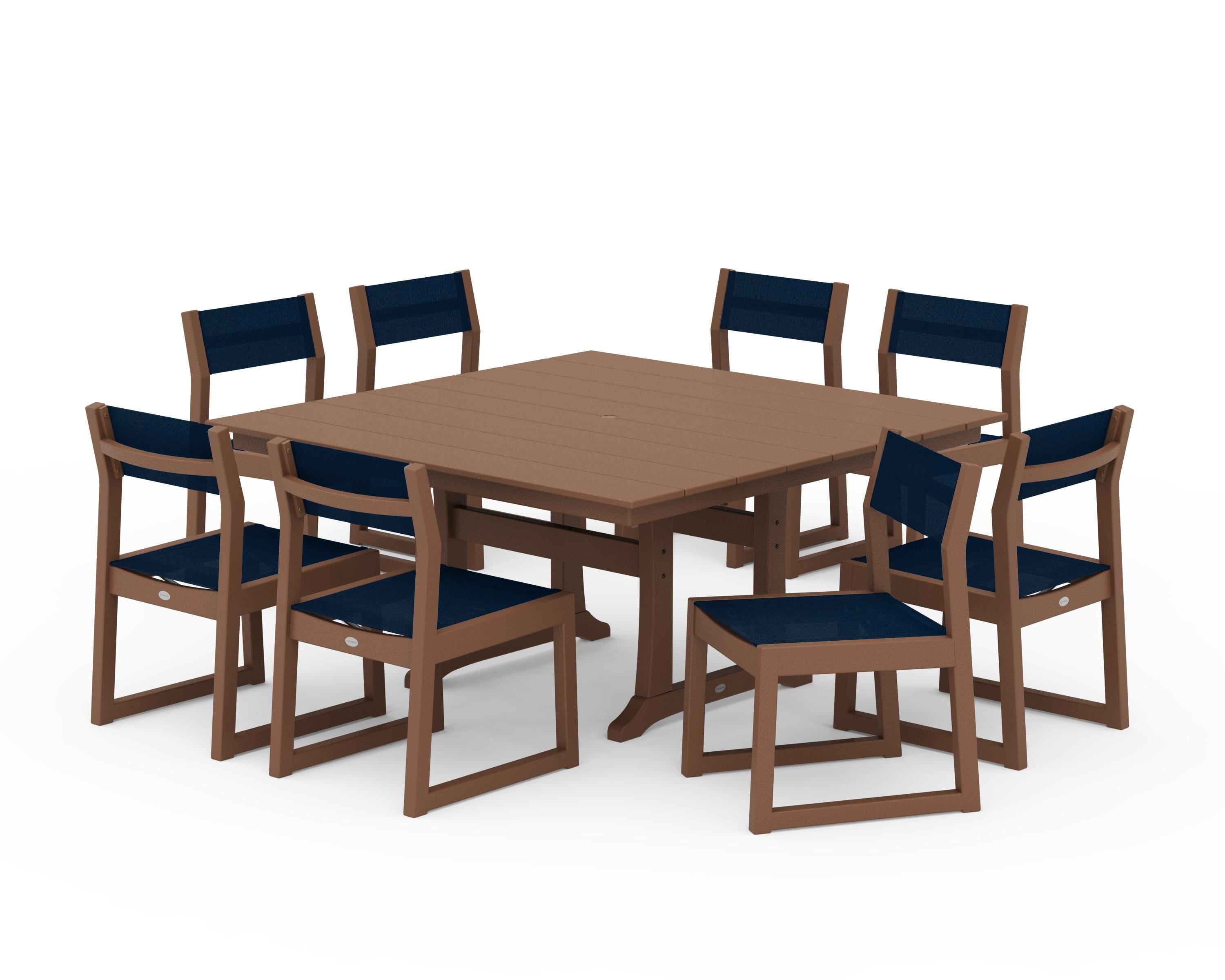 POLYWOOD® EDGE Sling Side Chair 9-Piece Farmhouse Trestle Dining Set in Teak / Navy Blue Sling