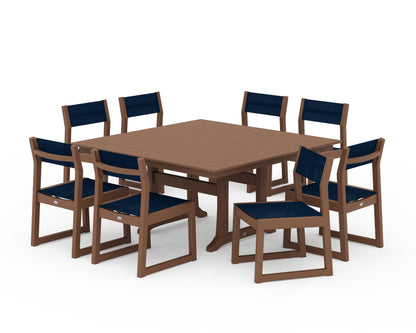POLYWOOD® EDGE Sling Side Chair 9-Piece Farmhouse Trestle Dining Set in Teak / Navy Blue Sling