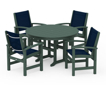 POLYWOOD® Coastal 5-Piece Round Farmhouse Dining Set in Green / Navy Blue Sling