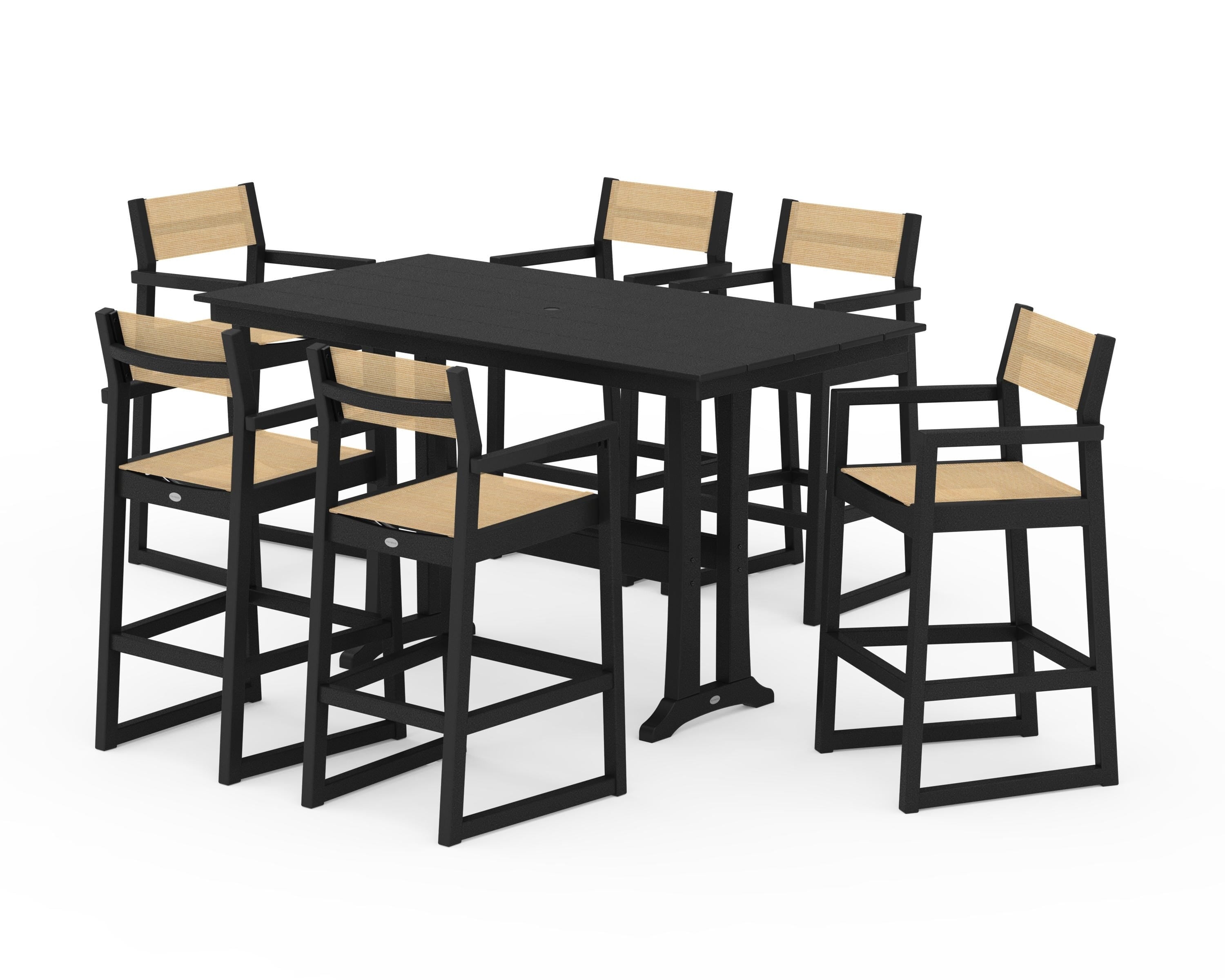 POLYWOOD® EDGE Sling Arm Chair 7-Piece Farmhouse Bar Set with Trestle Legs in Black / Dupioni Apricot Sling
