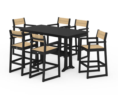 POLYWOOD® EDGE Sling Arm Chair 7-Piece Farmhouse Bar Set with Trestle Legs in Black / Dupioni Apricot Sling