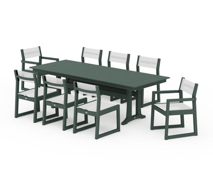 POLYWOOD® EDGE Sling 9-Piece Farmhouse Trestle Dining Set in Green / White Sling