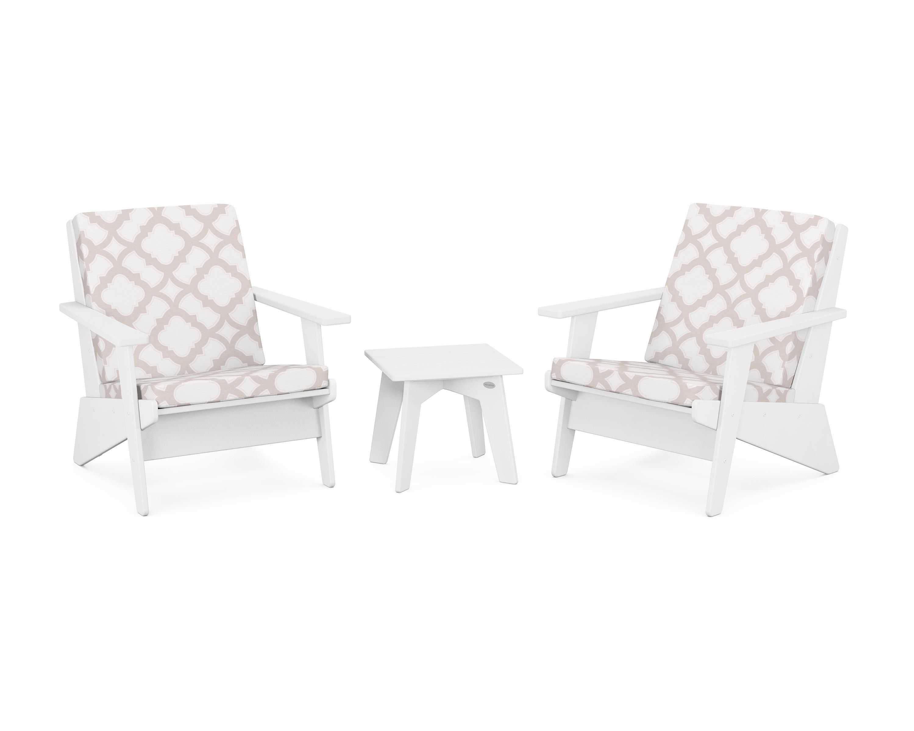 POLYWOOD® Riviera Modern Lounge 3-Piece Set in White / Trellis Dune Burlap