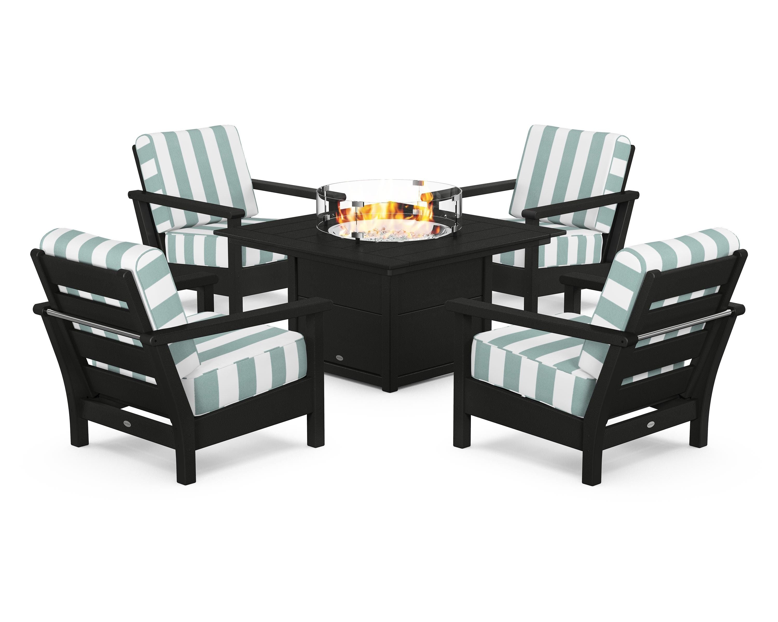 POLYWOOD® Harbour 5-Piece Conversation Set with Fire Pit Table in Black / Cabana Stripe Glacier Spa