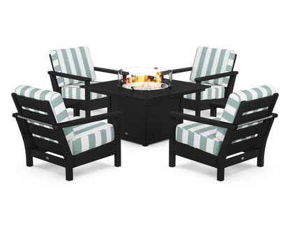 POLYWOOD® Harbour 5-Piece Conversation Set with Fire Pit Table in Black / Cabana Stripe Glacier Spa