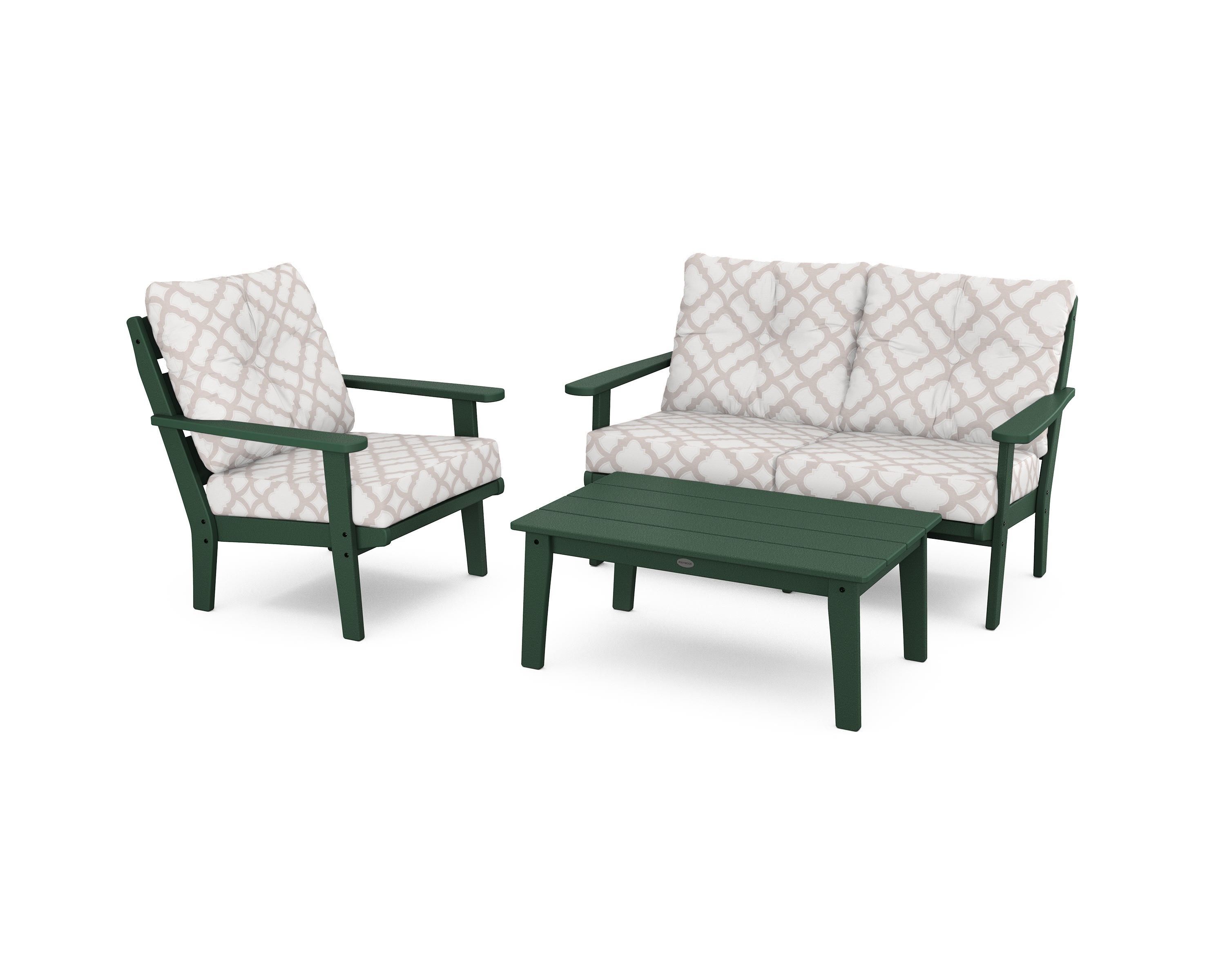 POLYWOOD® Lakeside 3-Piece Deep Seating Set in Green / Trellis Dune Burlap