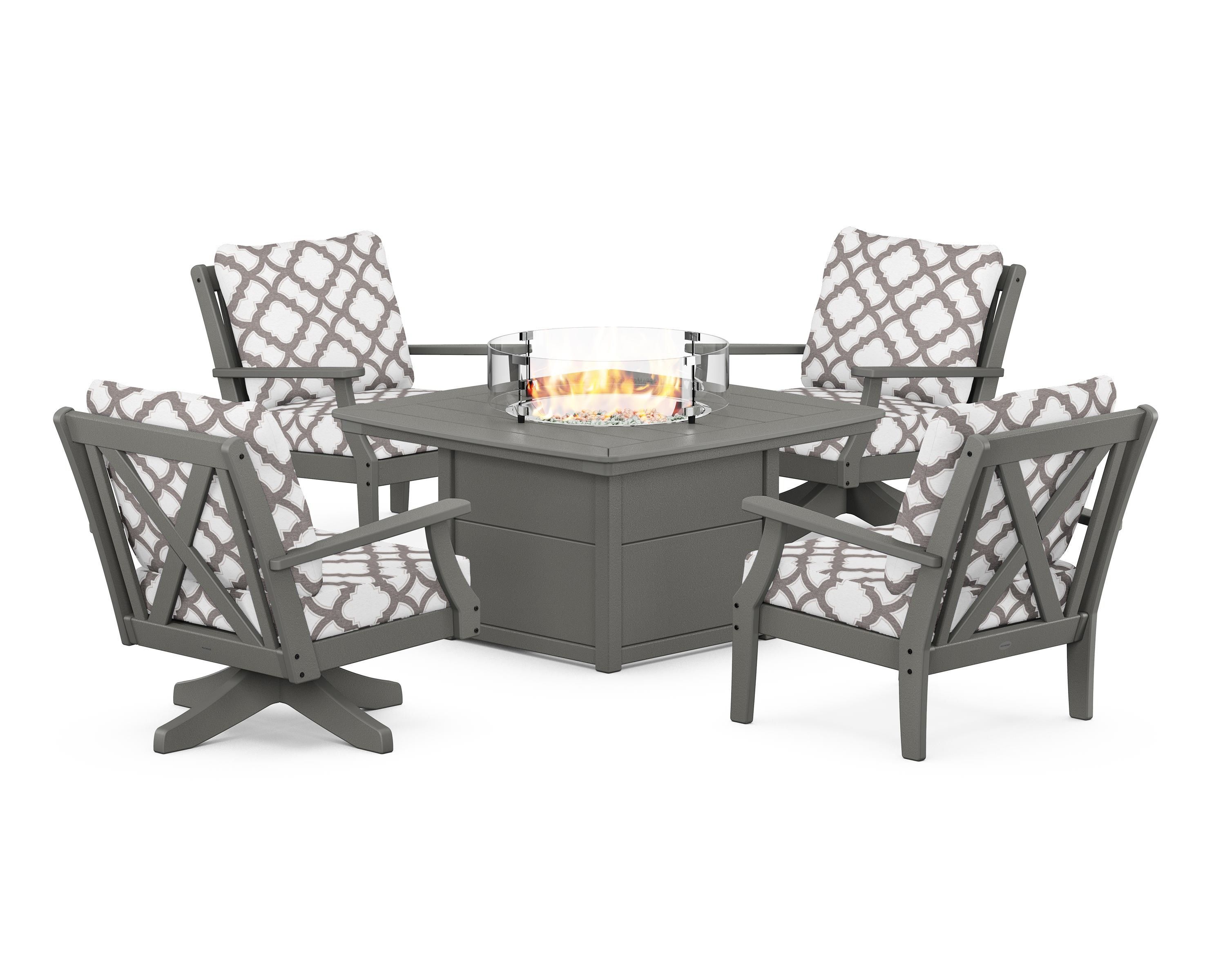 POLYWOOD® Braxton 5-Piece Deep Seating Set with Fire Table in Slate Grey / Trellis Grey Mist