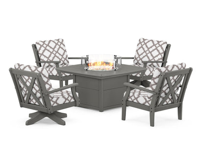 POLYWOOD® Braxton 5-Piece Deep Seating Set with Fire Table in Slate Grey / Trellis Grey Mist