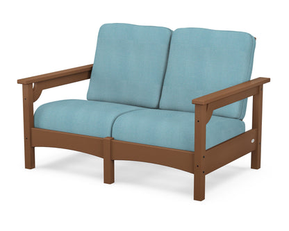 POLYWOOD® Club Loveseat in Teak / Lattice Sky Blue