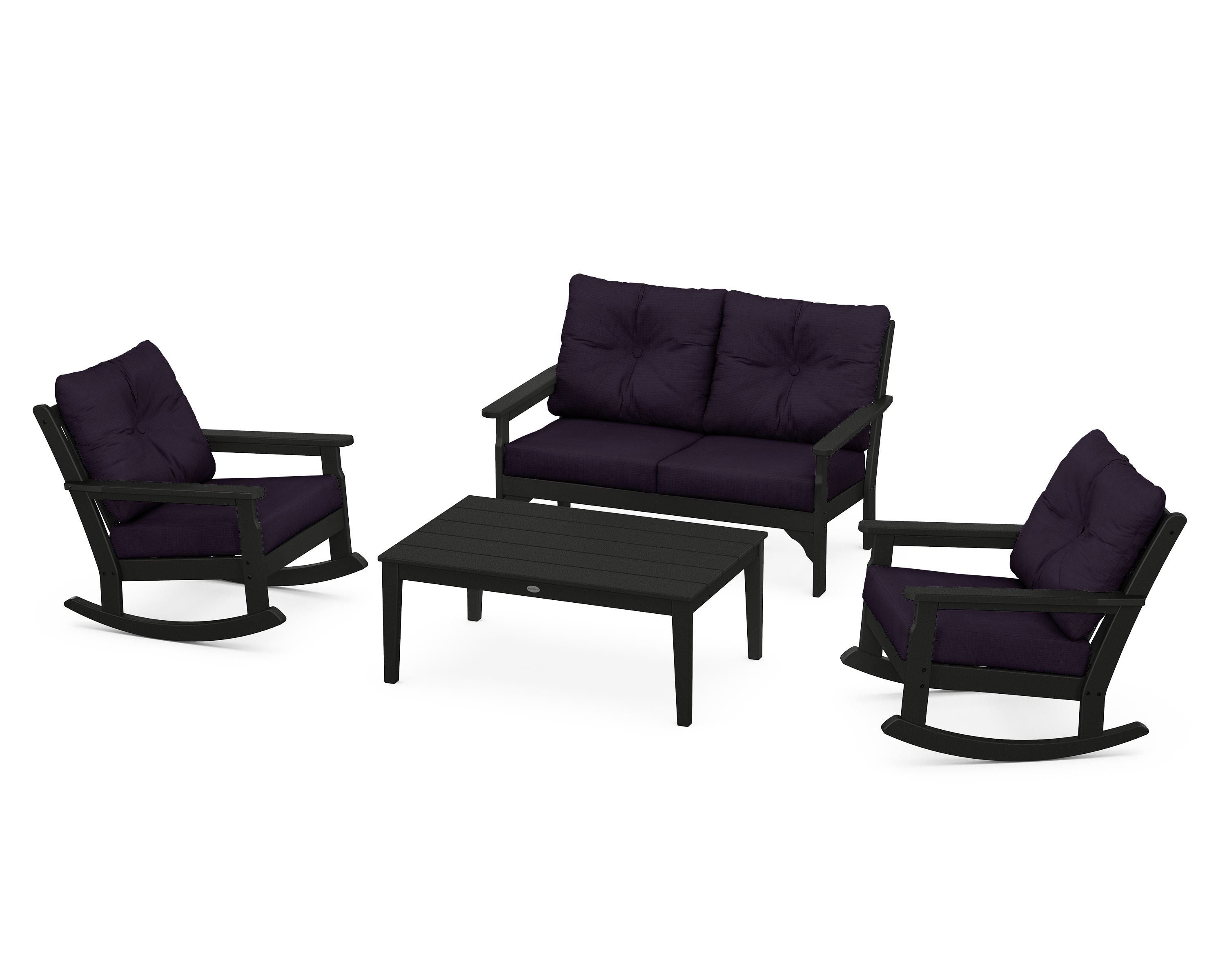 POLYWOOD® Vineyard 4-Piece Deep Seating Rocking Chair Set in Black / Navy Linen