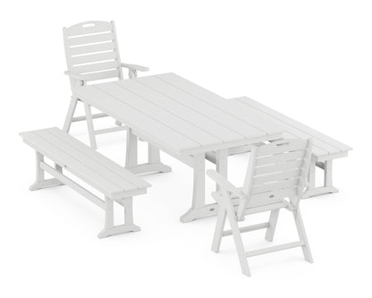 POLYWOOD® Nautical Folding Highback Chair 5-Piece Farmhouse Dining Set With Trestle Legs and Benches in White