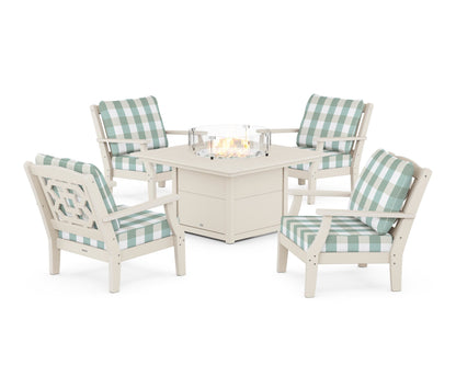 Martha Stewart by POLYWOOD® Chinoiserie 5-Piece Deep Seating Set with Fire Pit Table in Sand / Buffalo Plaid Glacier Spa