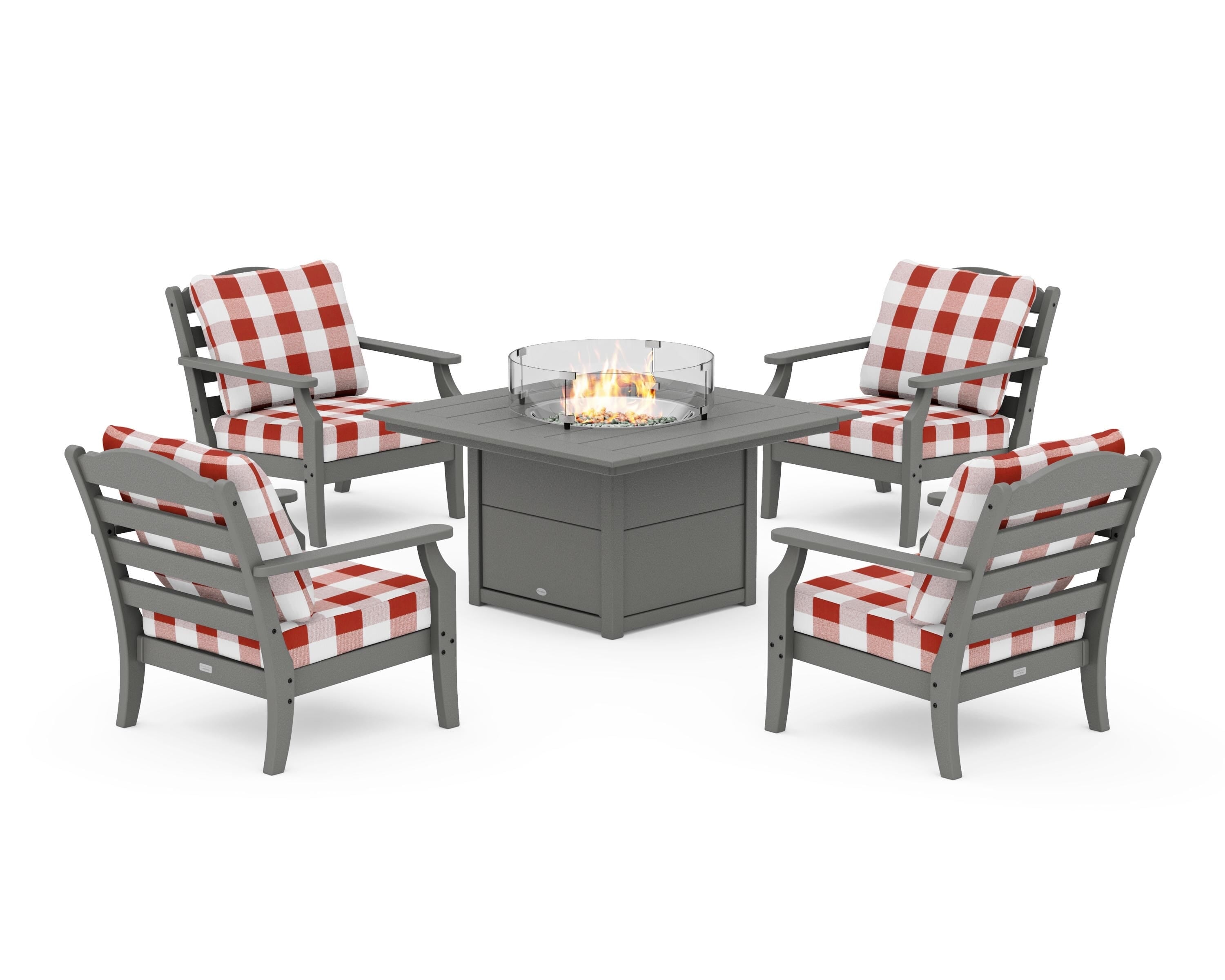 Draper James™ by  POLYWOOD® Savannah 5-Piece Deep Seating Set with Fire Pit Table in Slate Grey / Buffalo Plaid Crimson