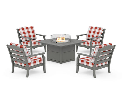 Draper James™ by  POLYWOOD® Savannah 5-Piece Deep Seating Set with Fire Pit Table in Slate Grey / Buffalo Plaid Crimson