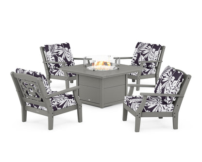 Martha Stewart by POLYWOOD® Chinoiserie 5-Piece Deep Seating Set with Fire Pit Table in Slate Grey / Leaf Navy