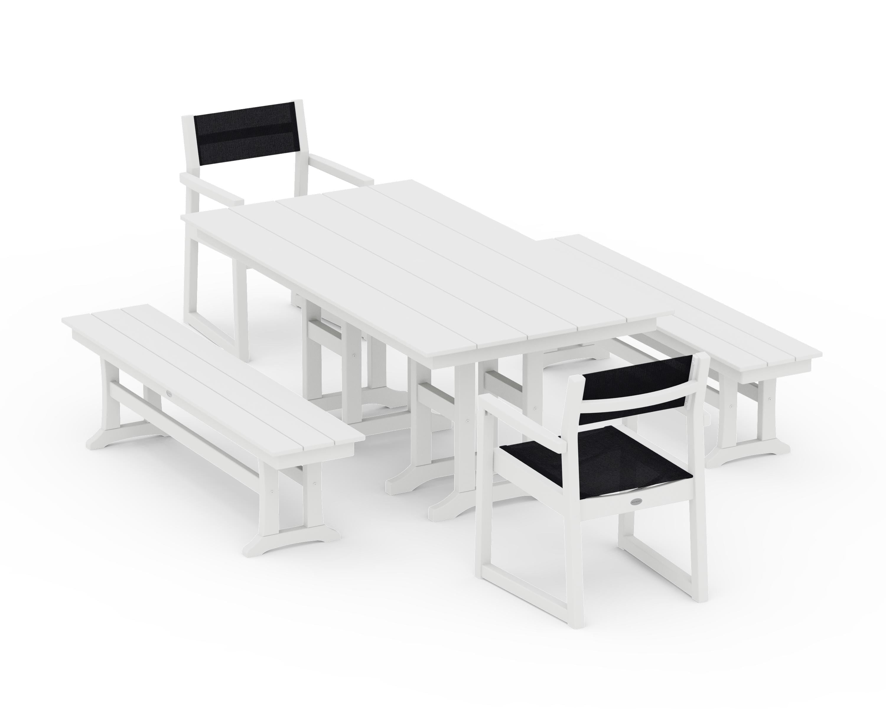 POLYWOOD® EDGE Sling Arm Chair 5-Piece Farmhouse Dining Set with Benches in White / Black Sling
