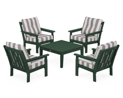 POLYWOOD® Vineyard 5-Piece Deep Seating Conversation Set in Green / Cabana Stripe Grey Mist