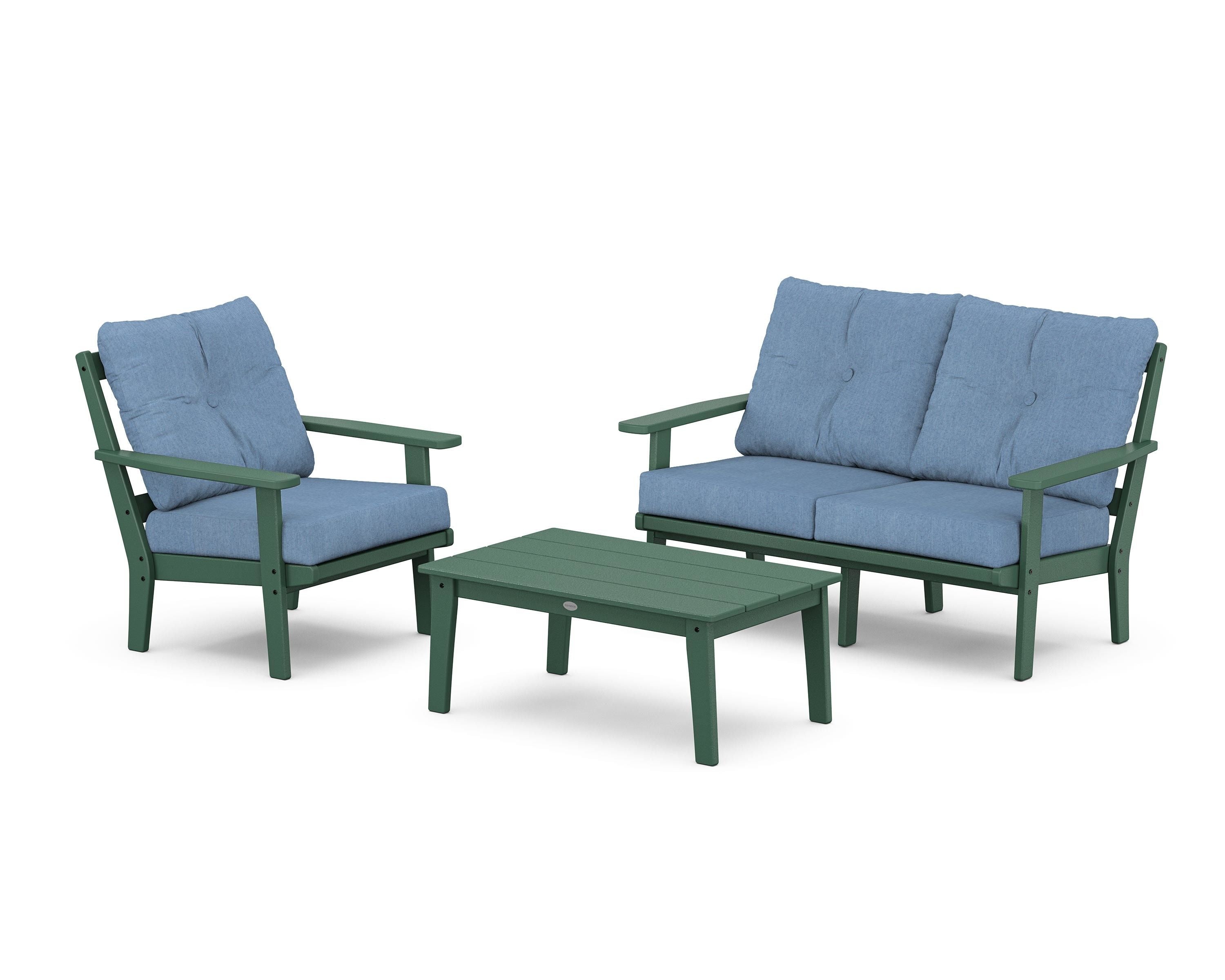 POLYWOOD® Oxford 3-Piece Deep Seating Set with Loveseat in Green / Sky Blue