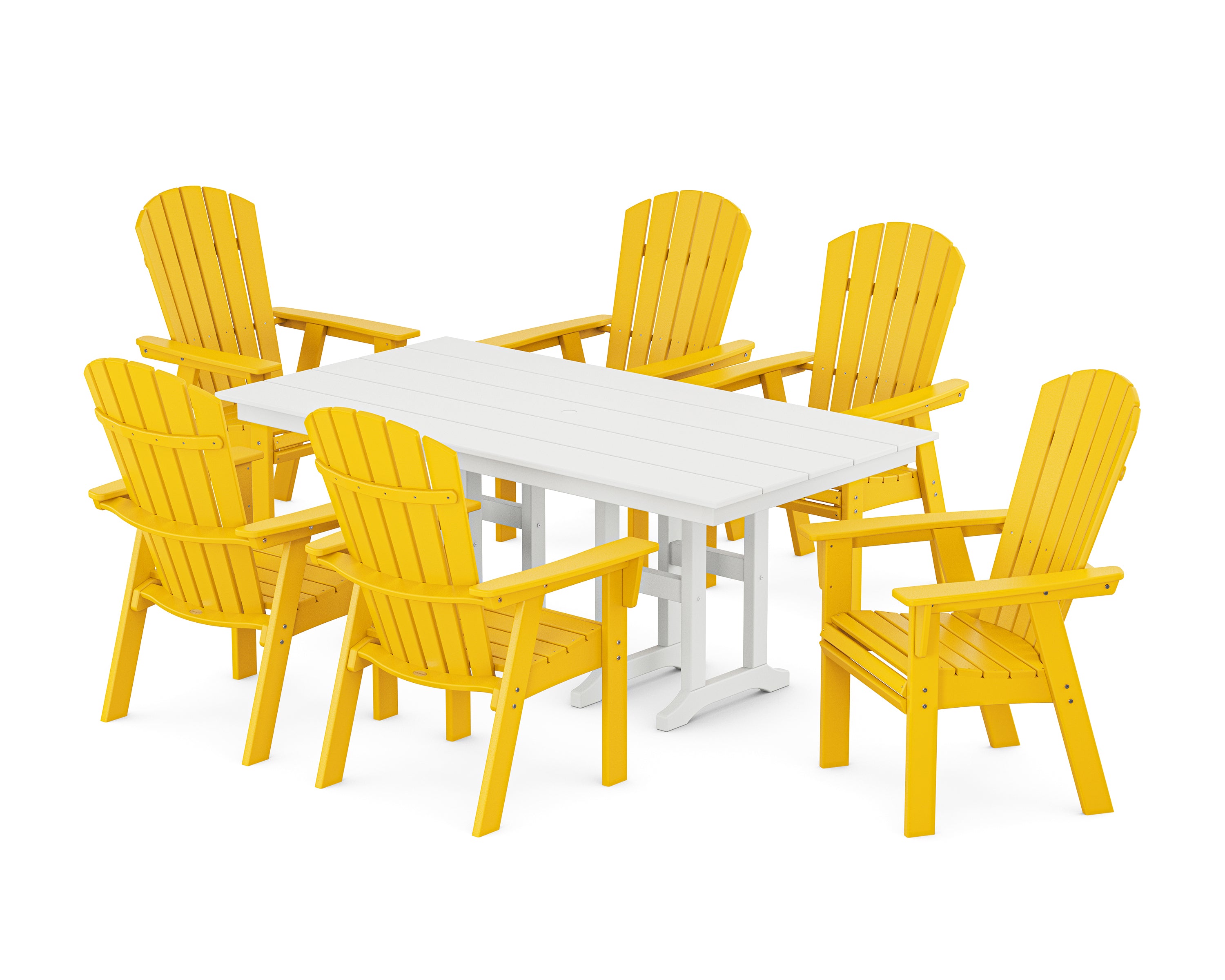 POLYWOOD® Nautical Curveback Adirondack 7-Piece Farmhouse Dining Set in Lemon / White