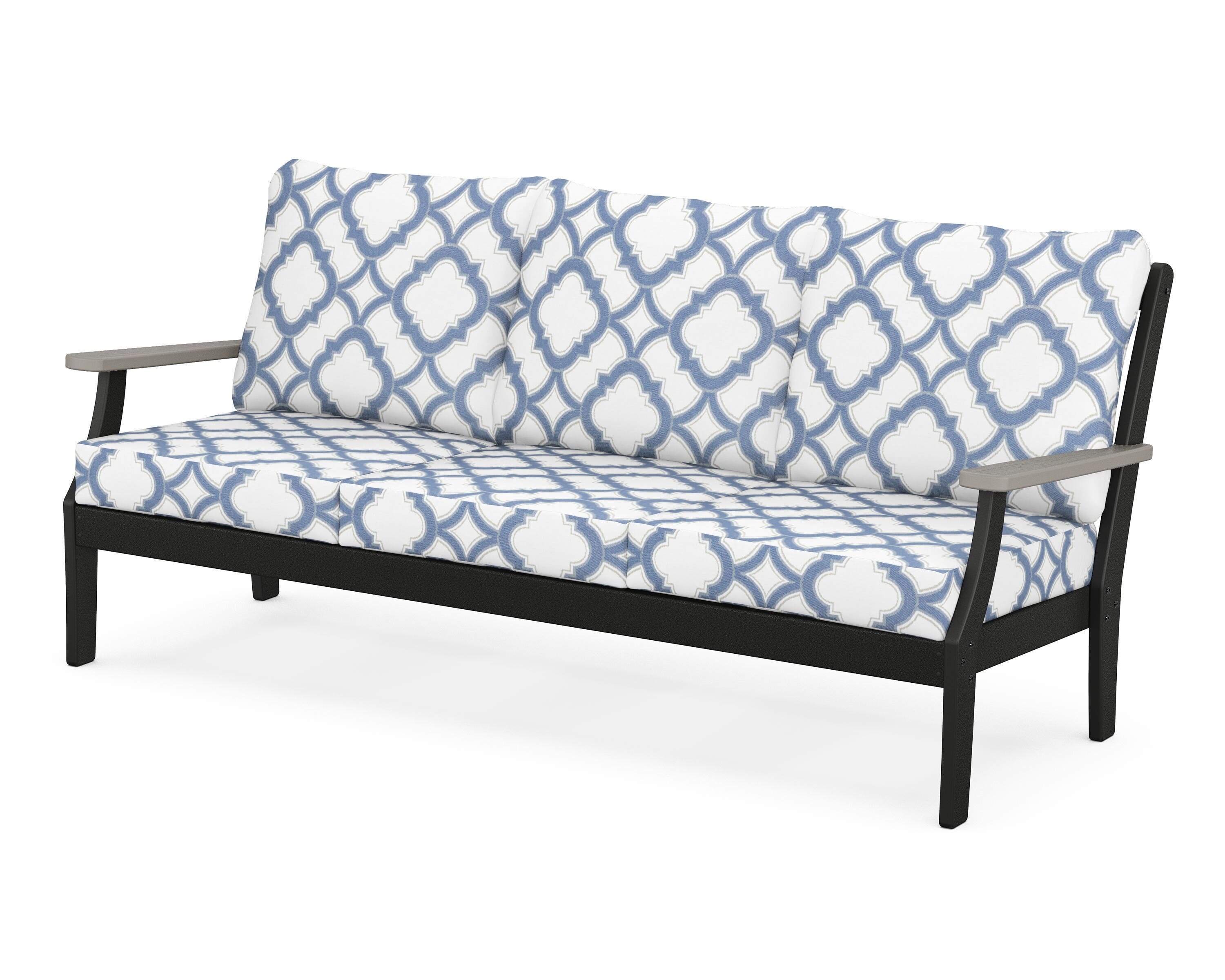 POLYWOOD® Braxton Deep Seating Sofa in Black / Driftwood / Trellis Sky Blue
