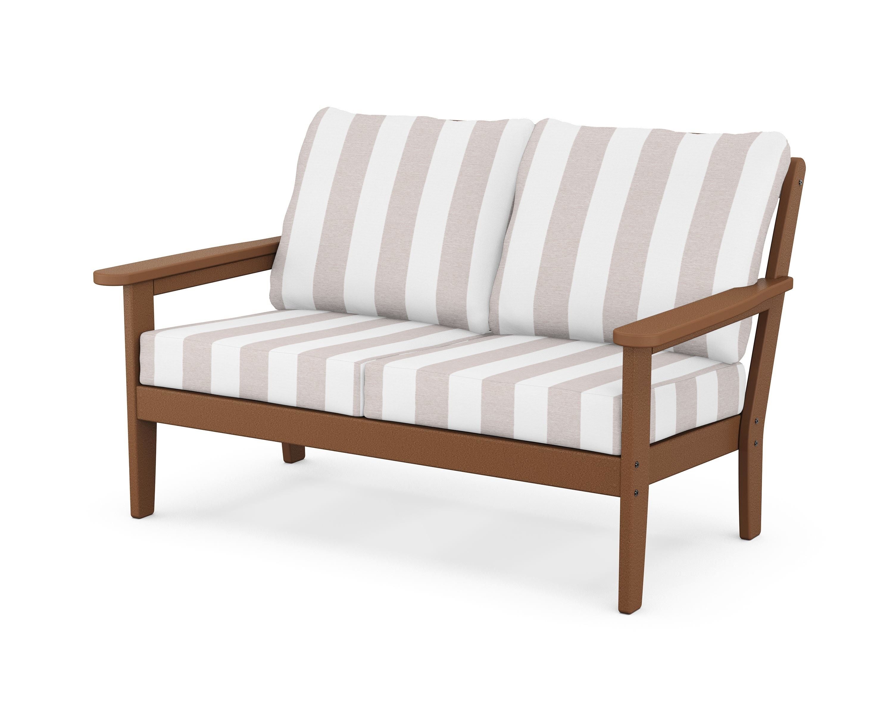 Country Living Cottage Deep Seating Loveseat in Teak / Cabana Stripe Dune Burlap