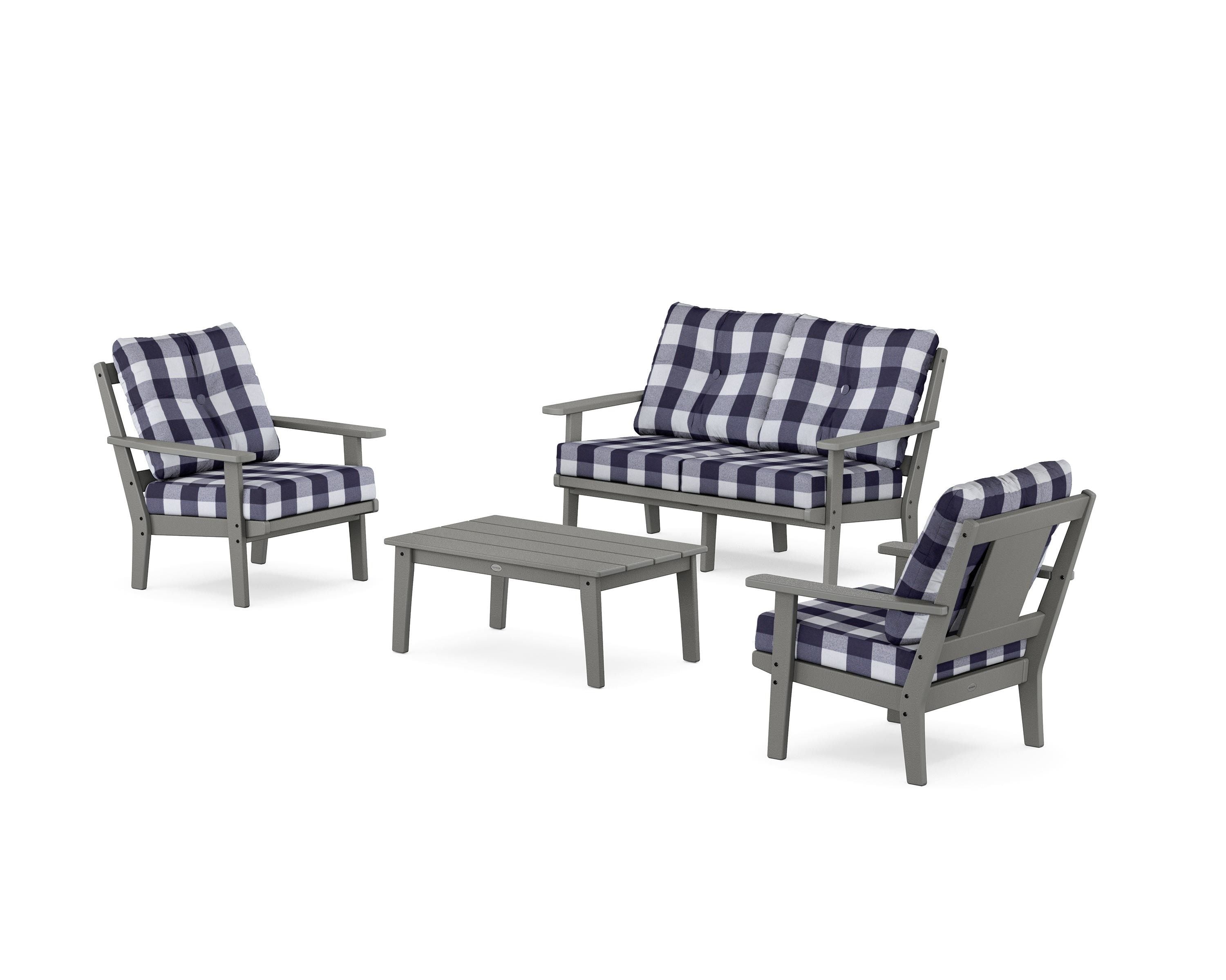 POLYWOOD® Prairie 4-Piece Deep Seating Set with Loveseat in Slate Grey / Buffalo Plaid Navy