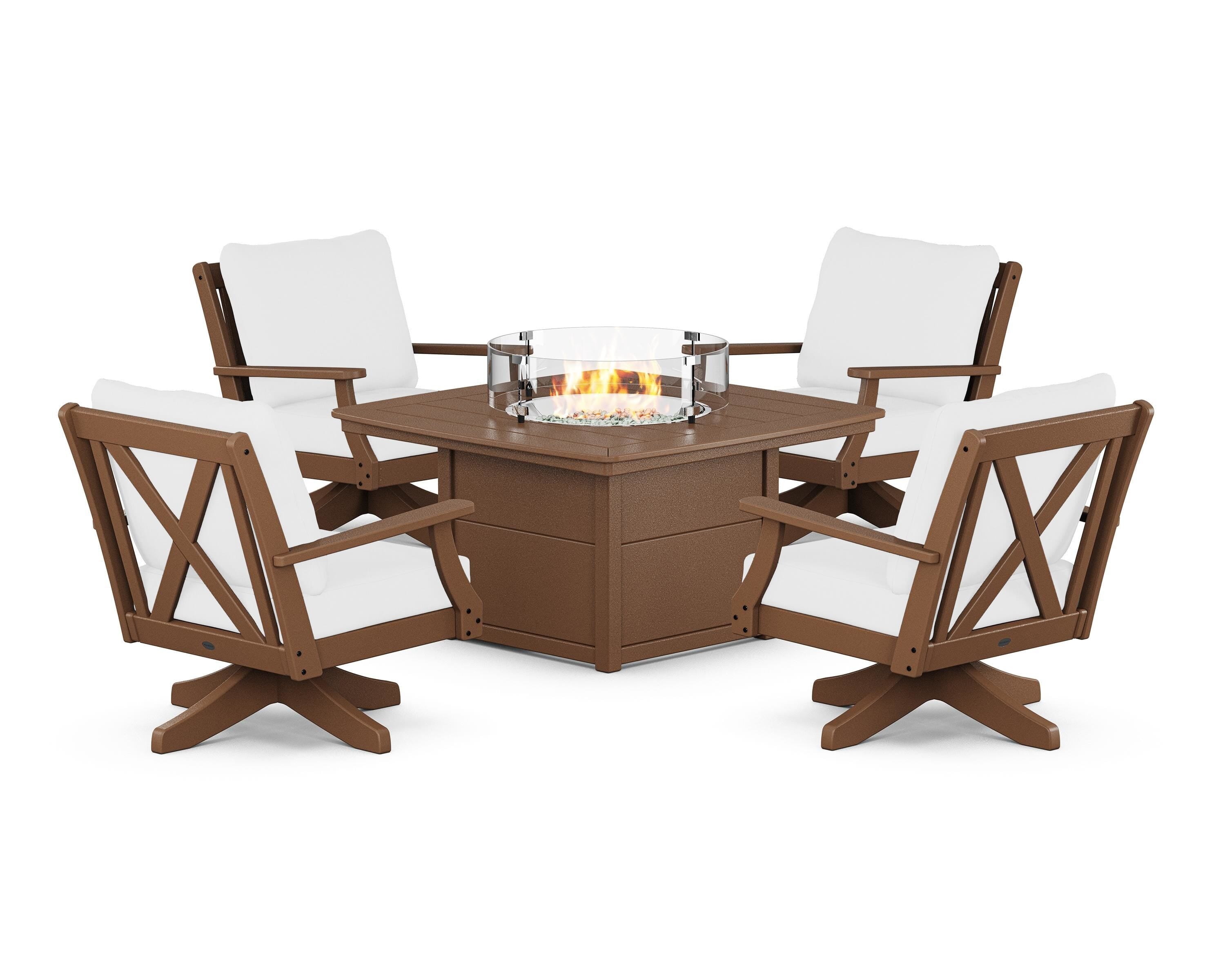 POLYWOOD® Braxton 5-Piece Deep Seating Swivel Conversation Set with Fire Pit Table in Teak / Natural