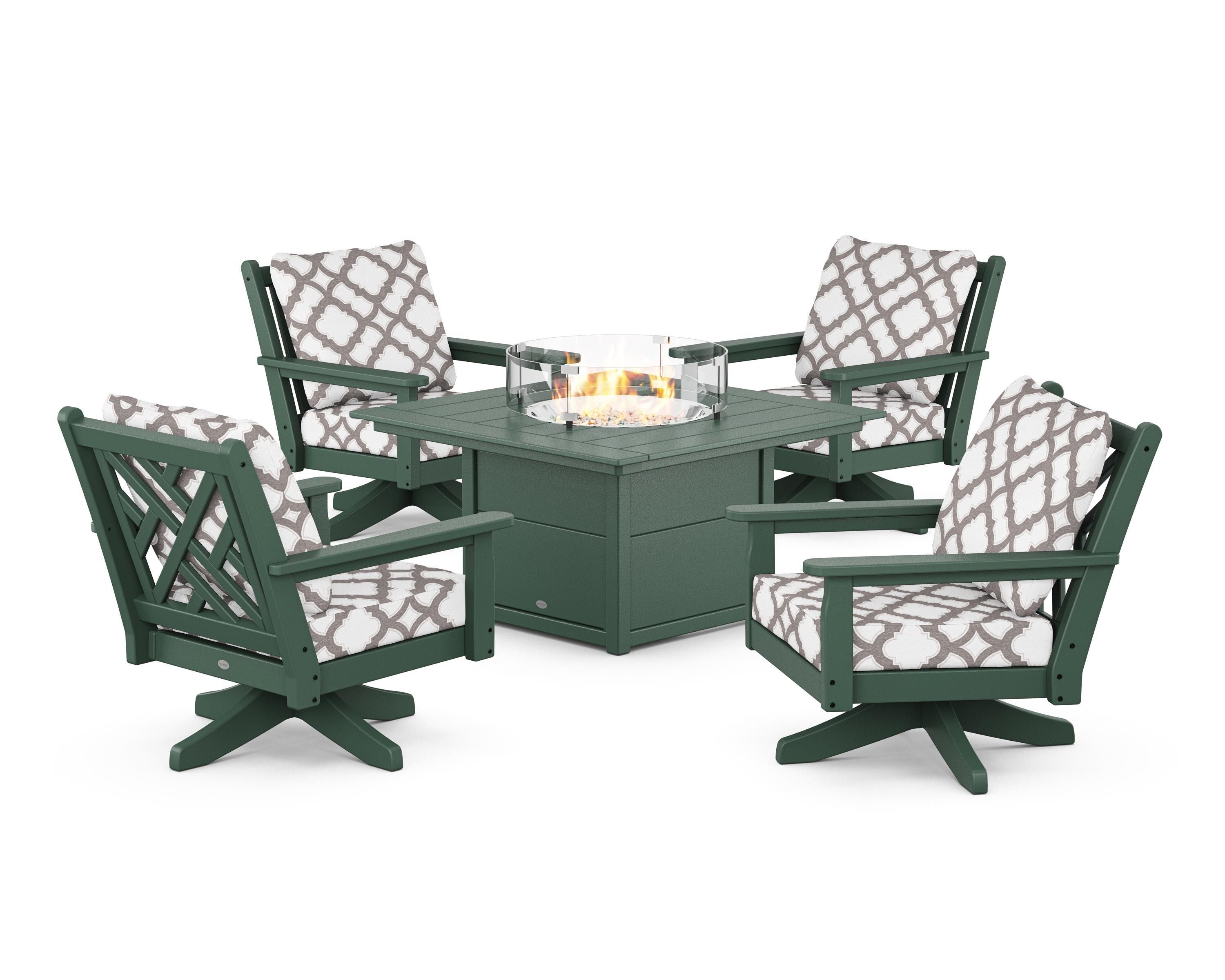 POLYWOOD® Chippendale 5-Piece Deep Seating Swivel Conversation Set with Fire Pit Table in Green / Trellis Grey Mist