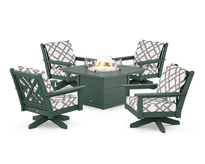 POLYWOOD® Chippendale 5-Piece Deep Seating Swivel Conversation Set with Fire Pit Table in Green / Trellis Grey Mist