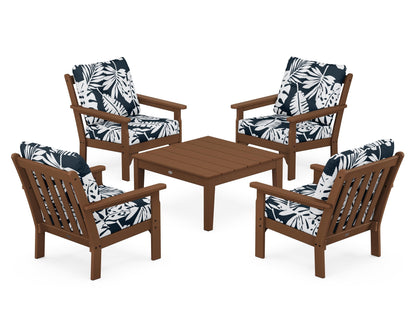 POLYWOOD® Vineyard 5-Piece Deep Seating Conversation Set in Teak / Leaf Marine Indigo