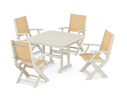 POLYWOOD® Coastal Folding Chair 5-Piece Dining Set in Sand / Dupioni Apricot Sling