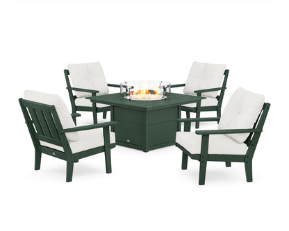 POLYWOOD® Oxford 5-Piece Deep Seating Set with Fire Pit Table in Green / Natural Linen