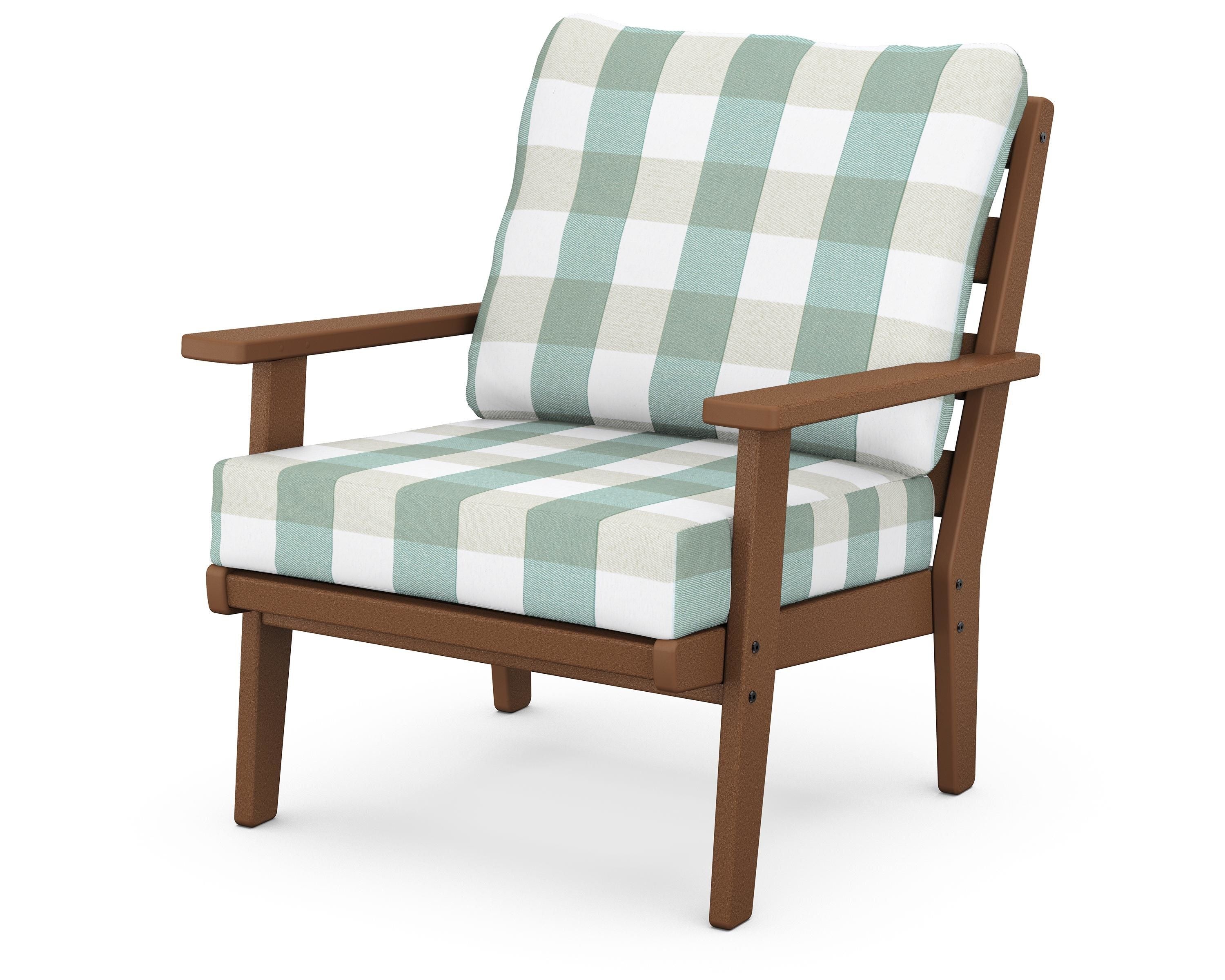 POLYWOOD® Grant Park Deep Seating Chair in Teak / Buffalo Plaid Glacier Spa