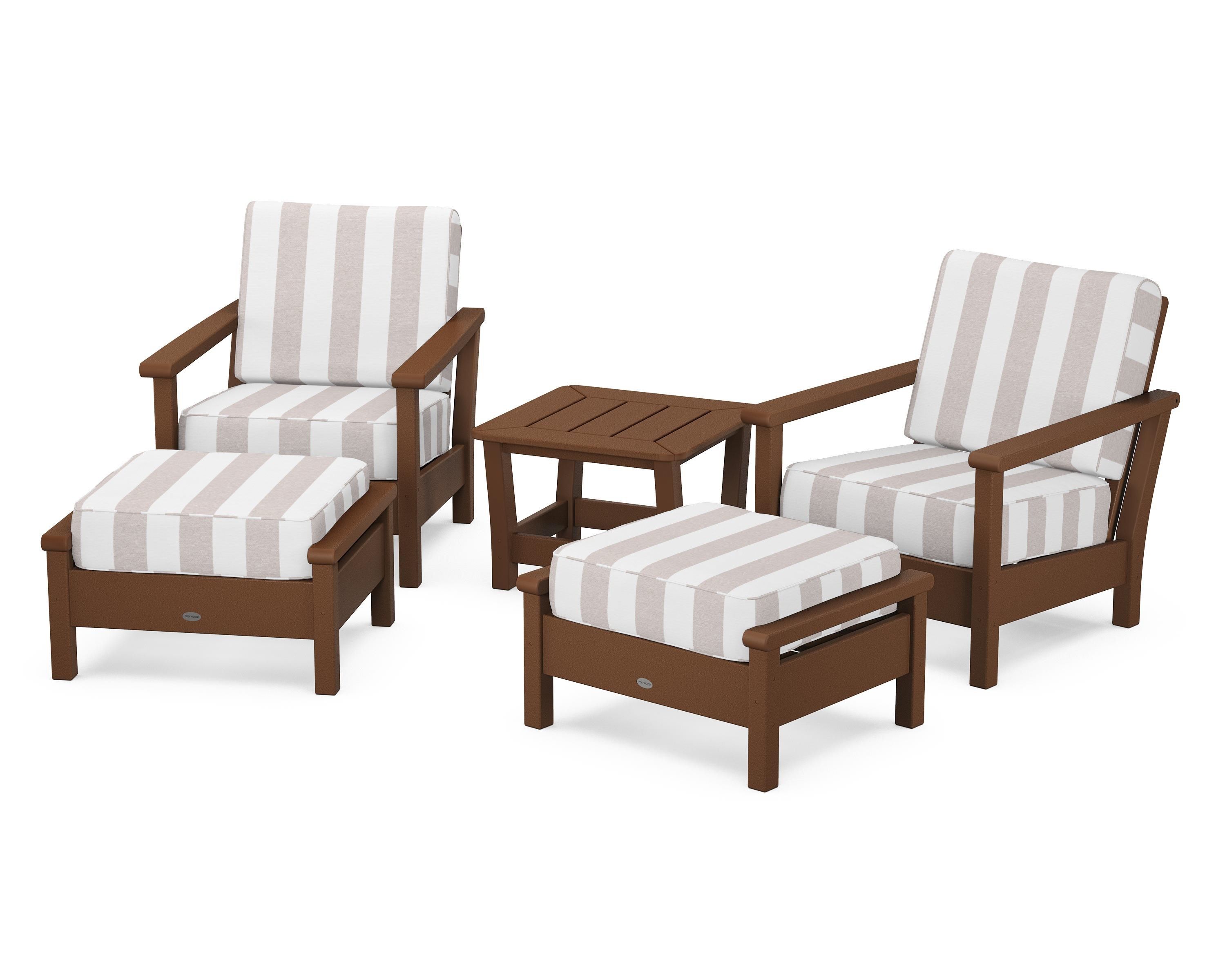 POLYWOOD® Harbour 5-Piece Deep Seating Chair Set in Teak / Cabana Stripe Dune Burlap