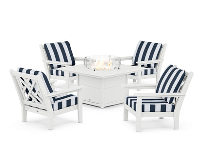 POLYWOOD® Chippendale 5-Piece Deep Seating Set with Fire Pit Table in White / Cabana Stripe Marine Indigo