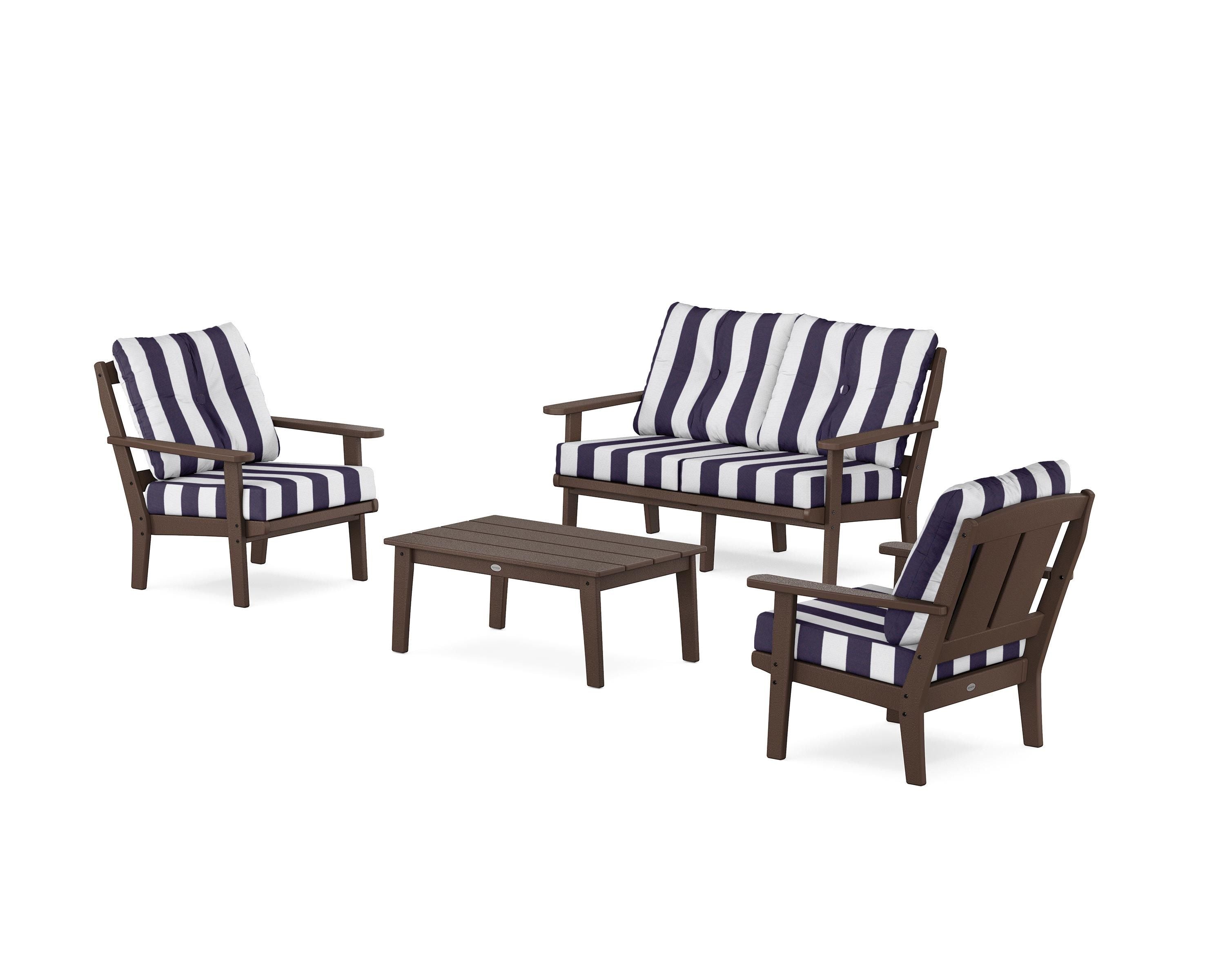 POLYWOOD® Mission 4-Piece Deep Seating Set with Loveseat in Mahogany / Cabana Stripe Navy