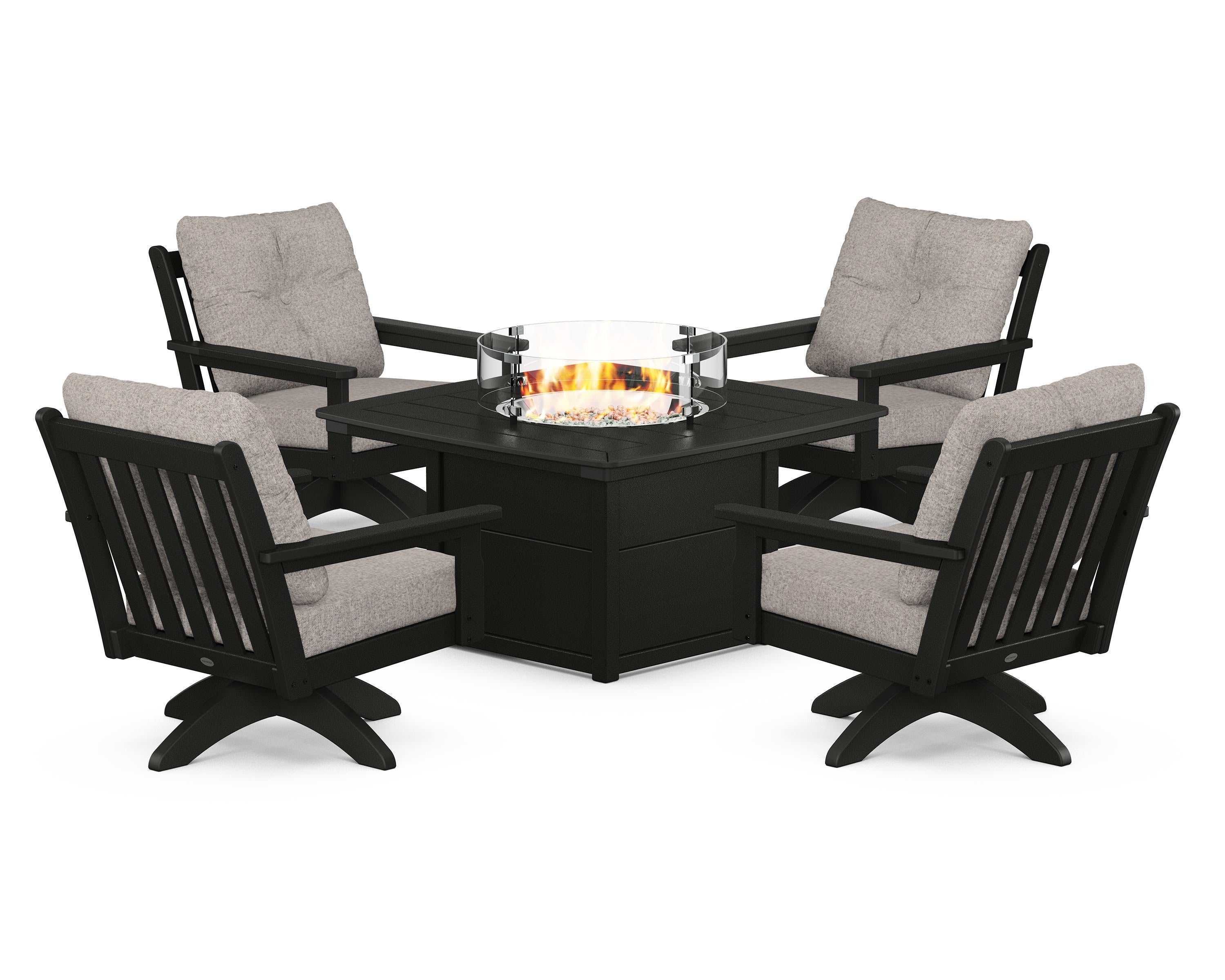 POLYWOOD® Vineyard 5-Piece Deep Seating Swivel Conversation Set with Fire Pit Table in Black / Weathered Tweed
