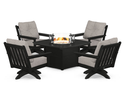 POLYWOOD® Vineyard 5-Piece Deep Seating Swivel Conversation Set with Fire Pit Table in Black / Weathered Tweed