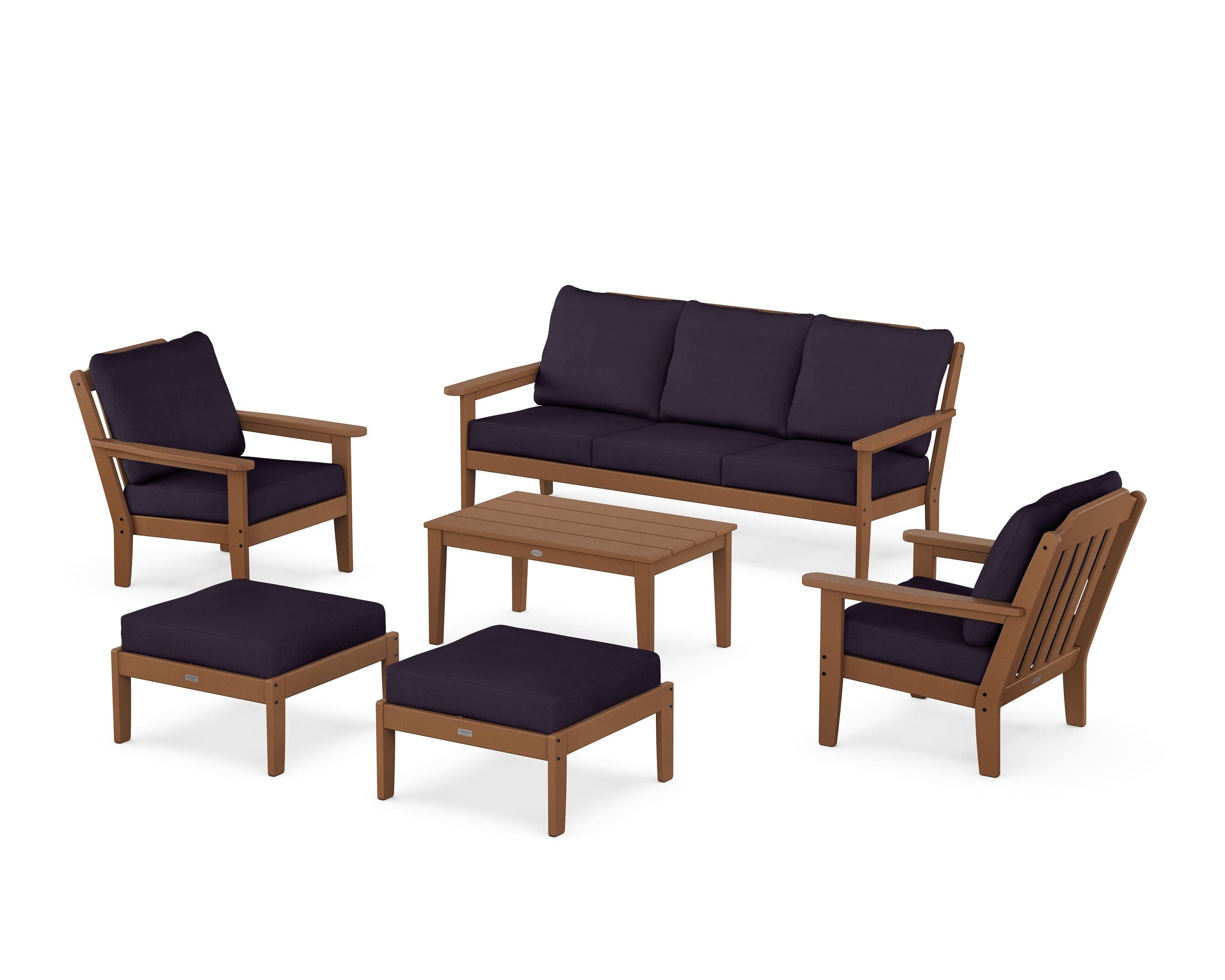 Country Living Cottage 6-Piece Lounge Sofa Set in Teak / Navy Linen