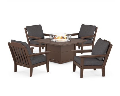 Country Living Cottage 5-Piece Deep Seating Set with Fire Pit Table in Mahogany / Ash Charcoal