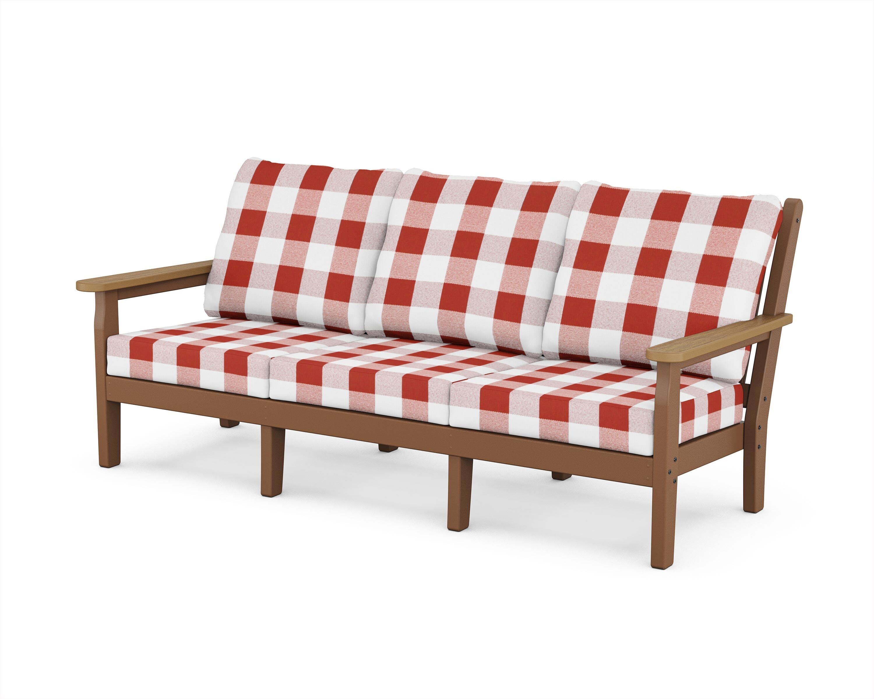 POLYWOOD® Chippendale Deep Seating Sofa in Teak / Natural / Buffalo Plaid Crimson