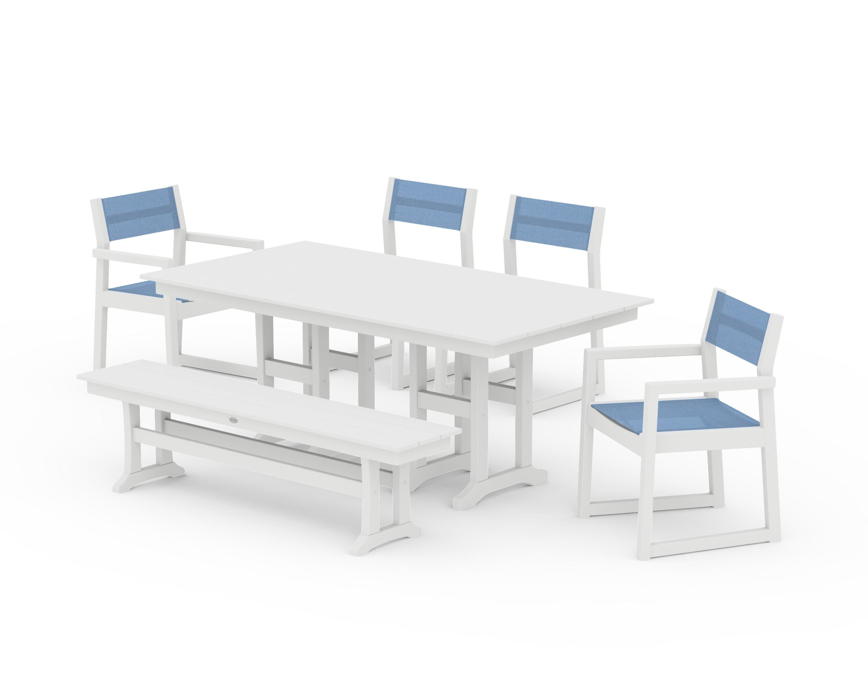 POLYWOOD® EDGE Sling 6-Piece Farmhouse Dining Set in White / Poolside Sling
